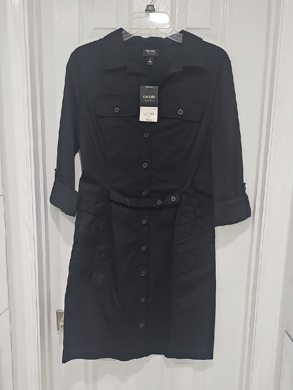 Nicole Miller Black Button-Front Shirt Dress with Rolled Sleeves - Picture 1 of 5